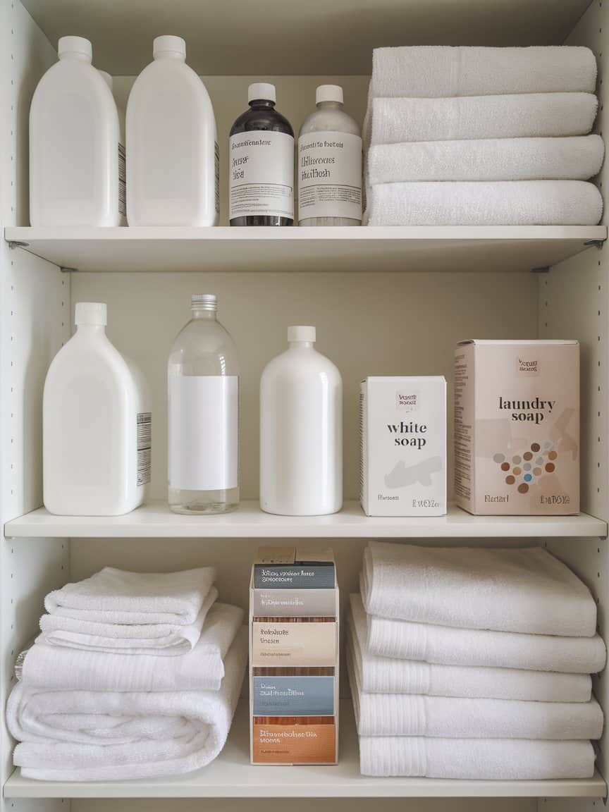 Organized shelf with various stain removal products and towels.