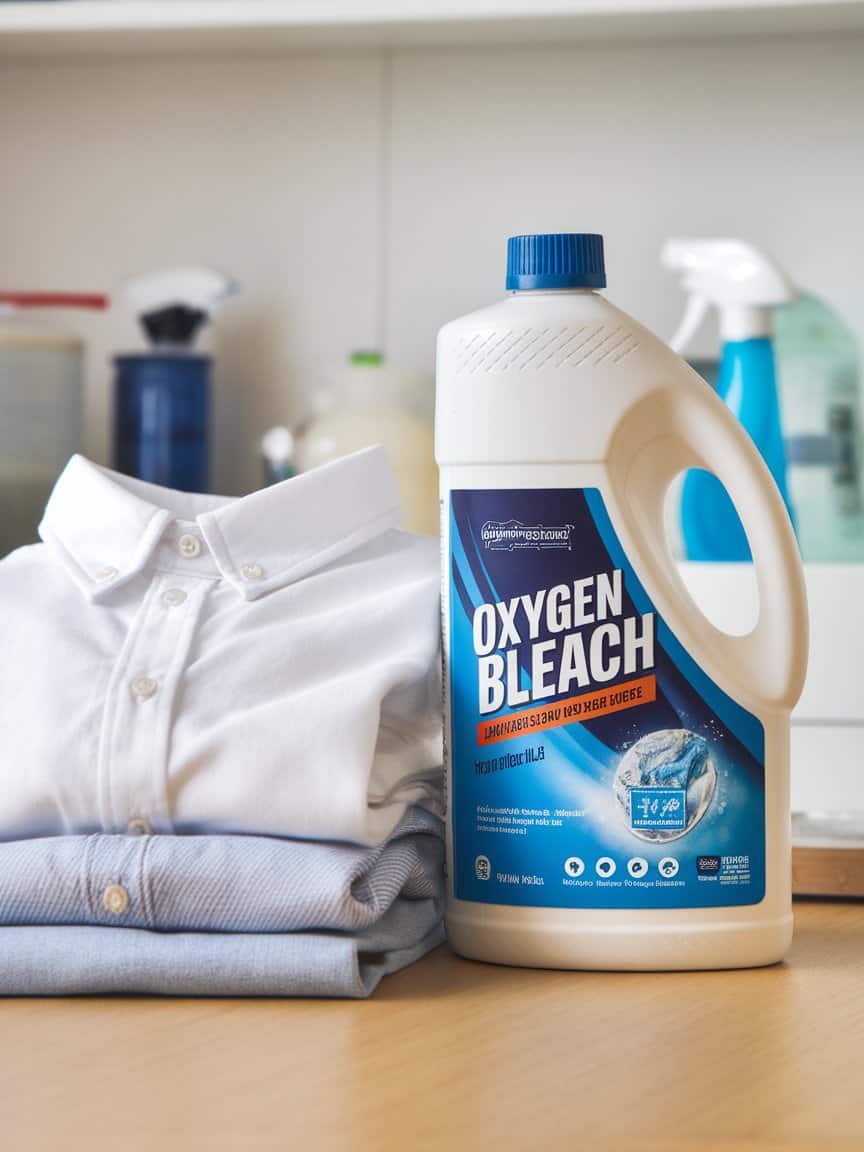 A photo of an oxygen bleach container standing beside a white shirt.