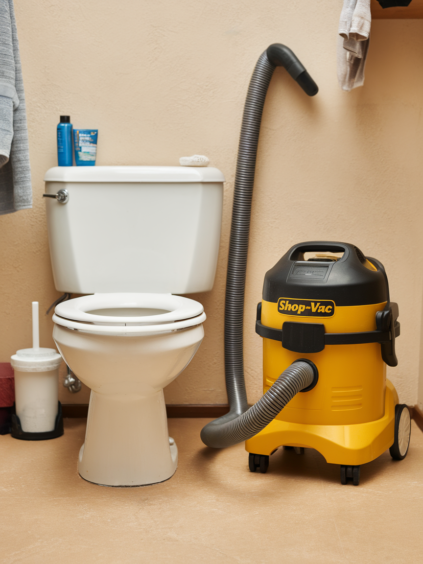 A photo of a shop-vac positioned beside a toilet bowl.