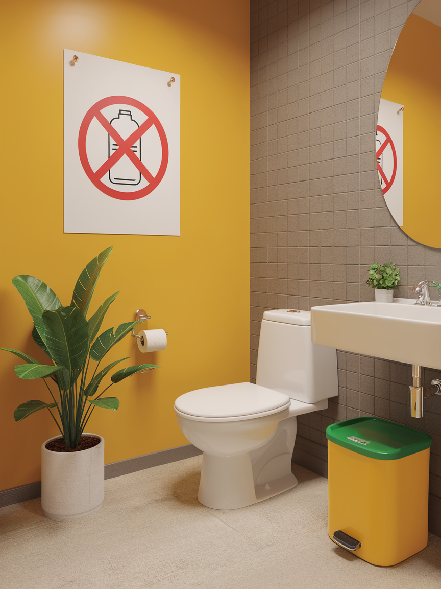 A photo of a vibrant and clean toilet room with a note on the wall. The note has an illustration of a fabric softener with an X sign on it, indicating that it should not be used on the toilet.