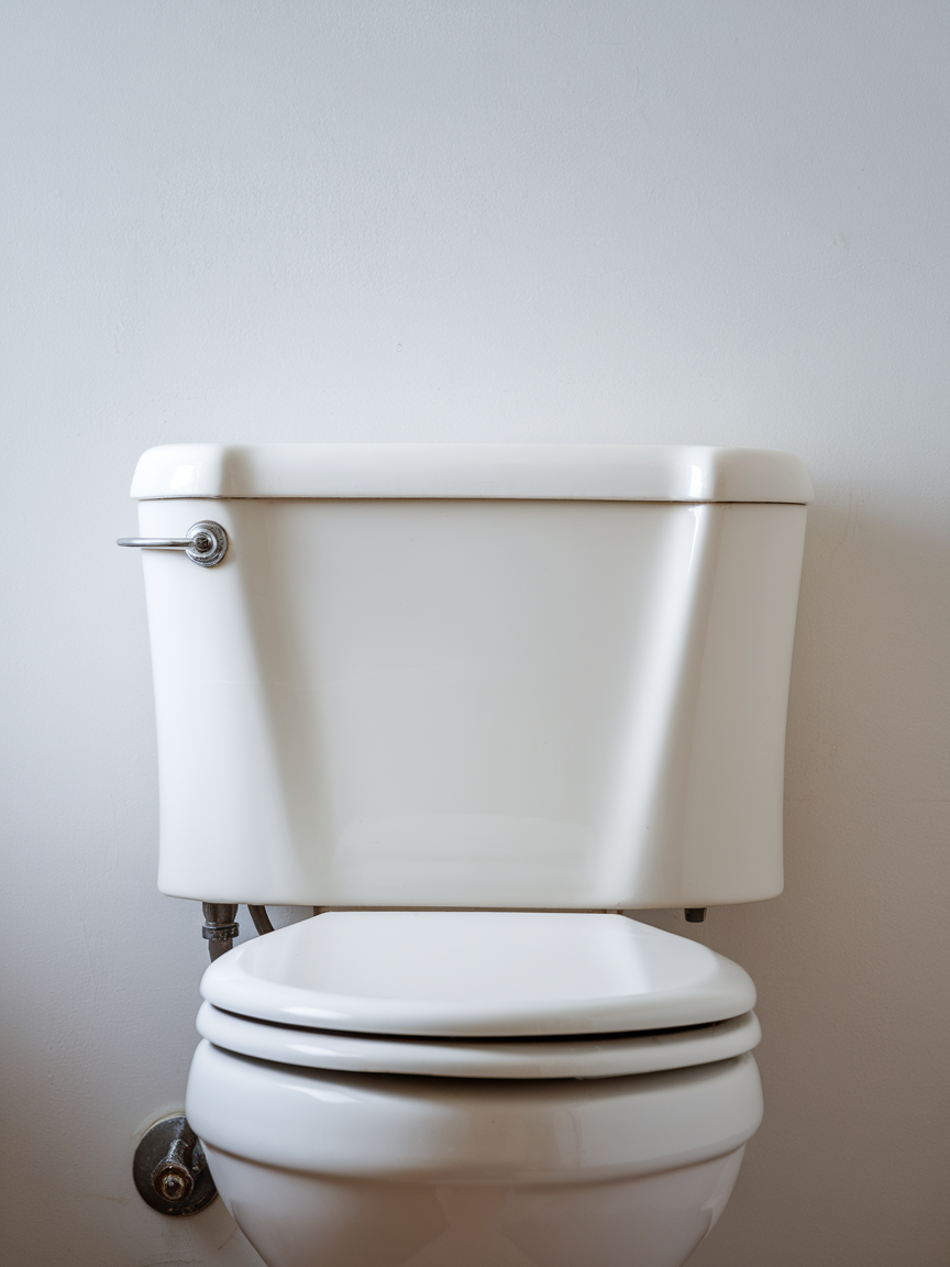 A photo of a clean and dry white porcelain toilet tank.