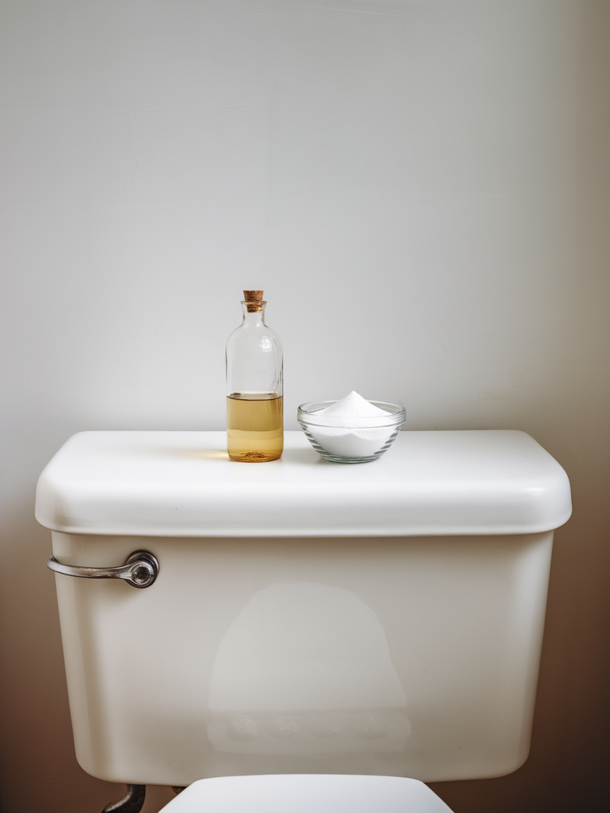A photo of a clean and dry white porcelain toilet tank. The tank is placed on a white clean wall. The floor is not visible. There's a glass bottle of vinegar and a bowl of baking soda placed on the tank.