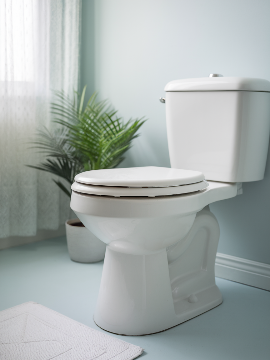 A photo of a clean and tidy bathroom with a white toilet. The toilet lid is closed.
