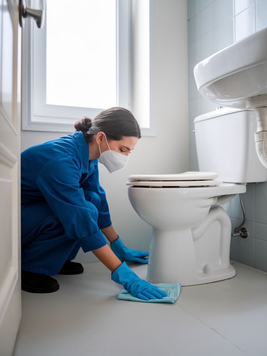 A photo of a person wearing gloves and a mask, wiping under the toilet.