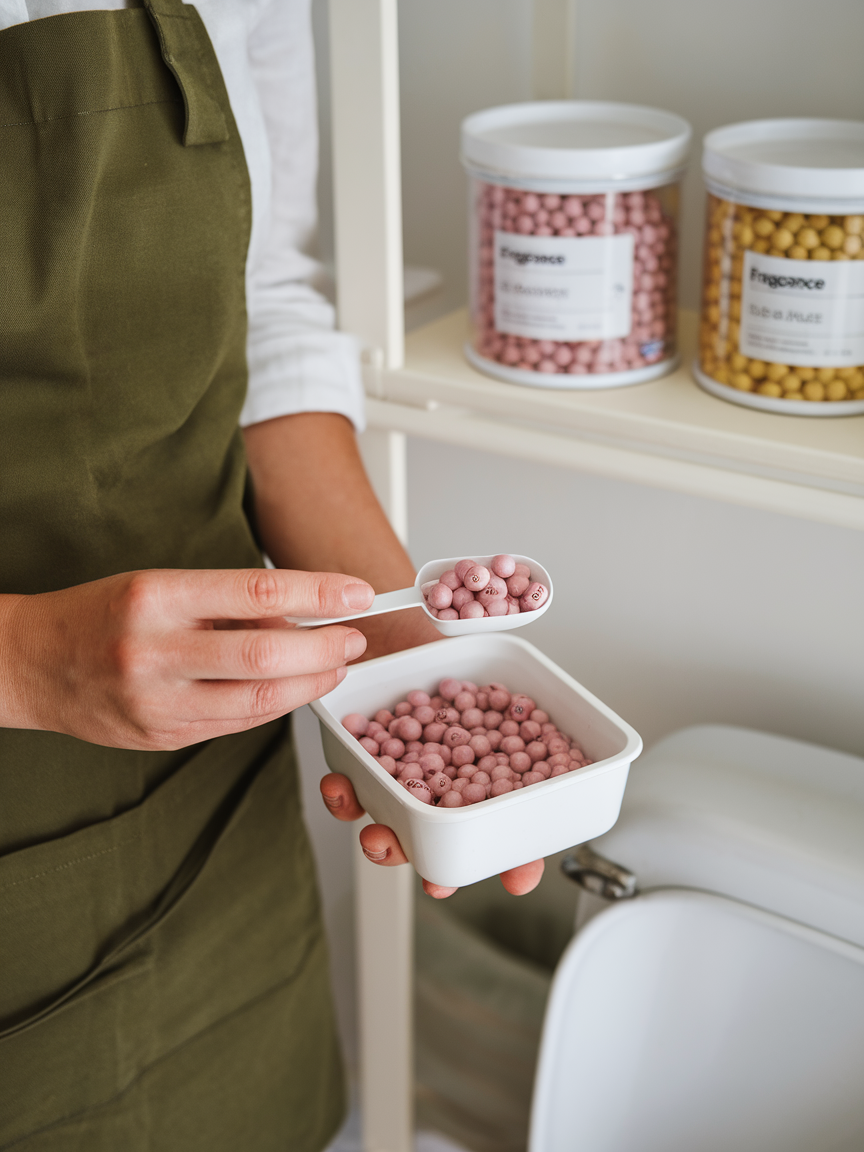 A photo of a person holding a scoop of fragrance bead to be put on the toilet tank.