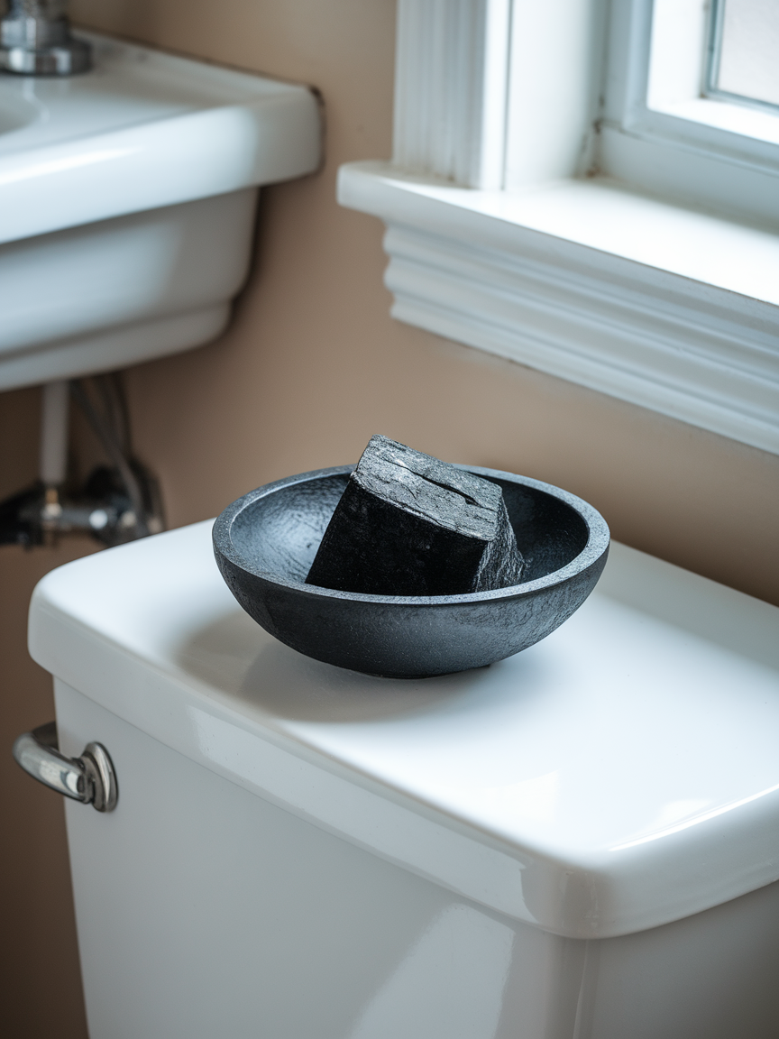 A photo of a charcoal in a bowl sitting on top of the toilet tank.
