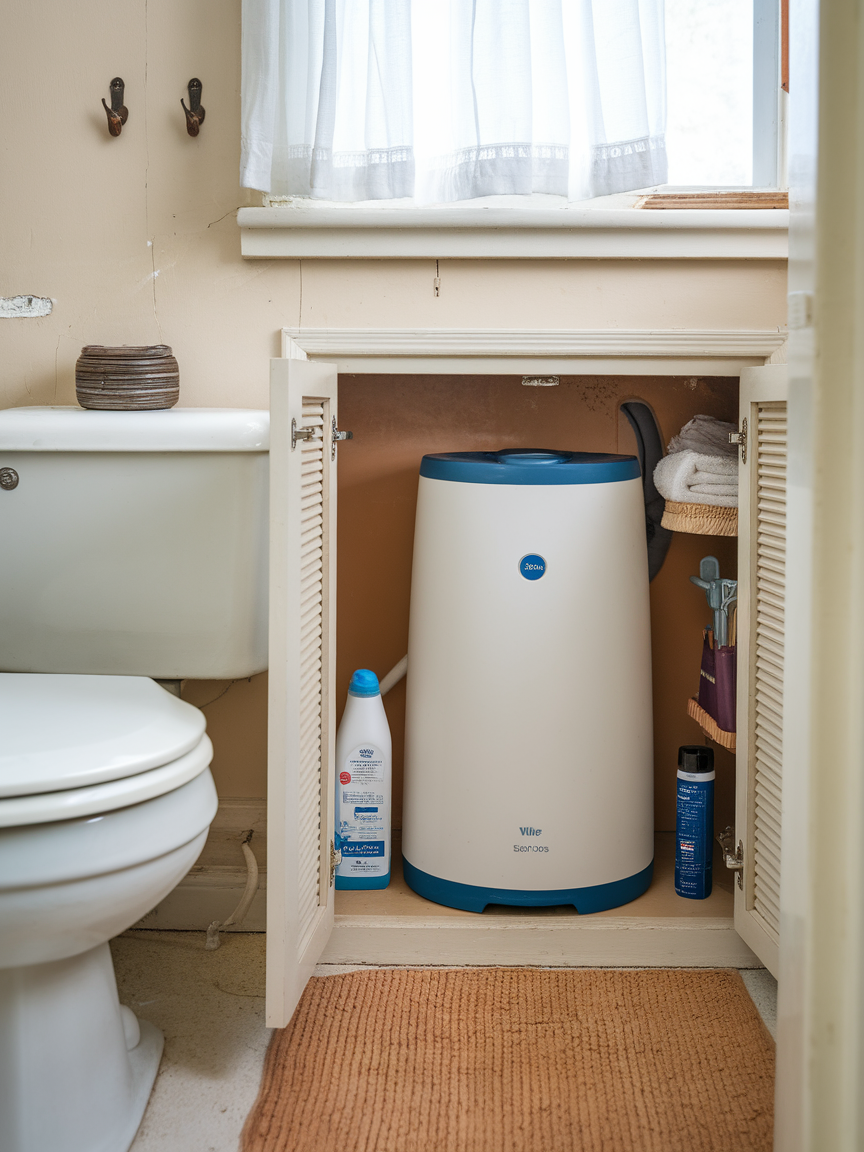 A photo of a bathroom with a water softener installed in a cupboard next to the toilet.