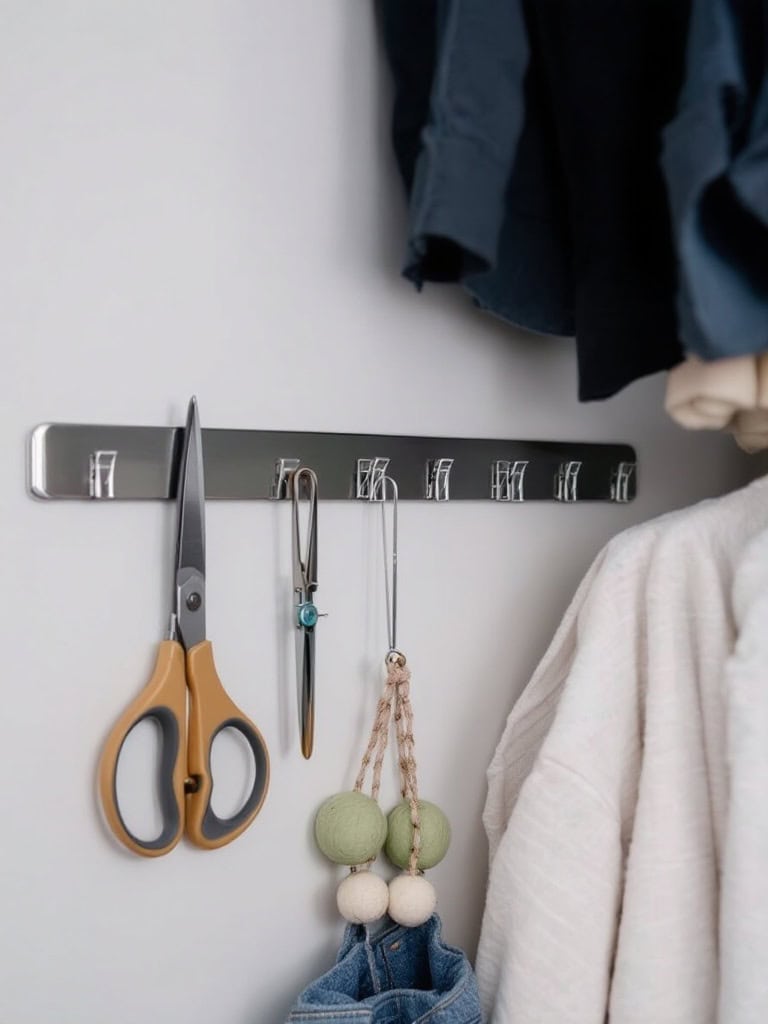 Magnetic strip mounted on a wall holding scissors and binder clips in a laundry closet.