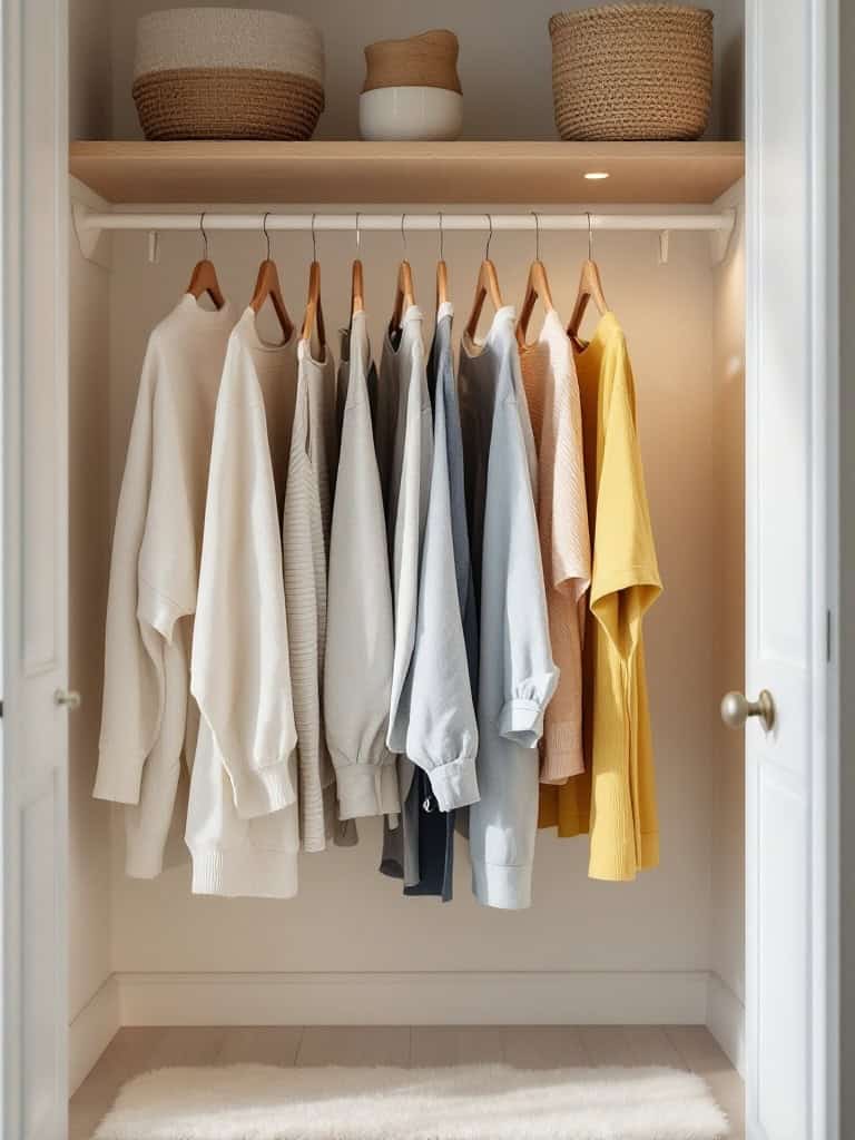 A stylish closet with a hanging drying rack displaying neatly arranged clothing.