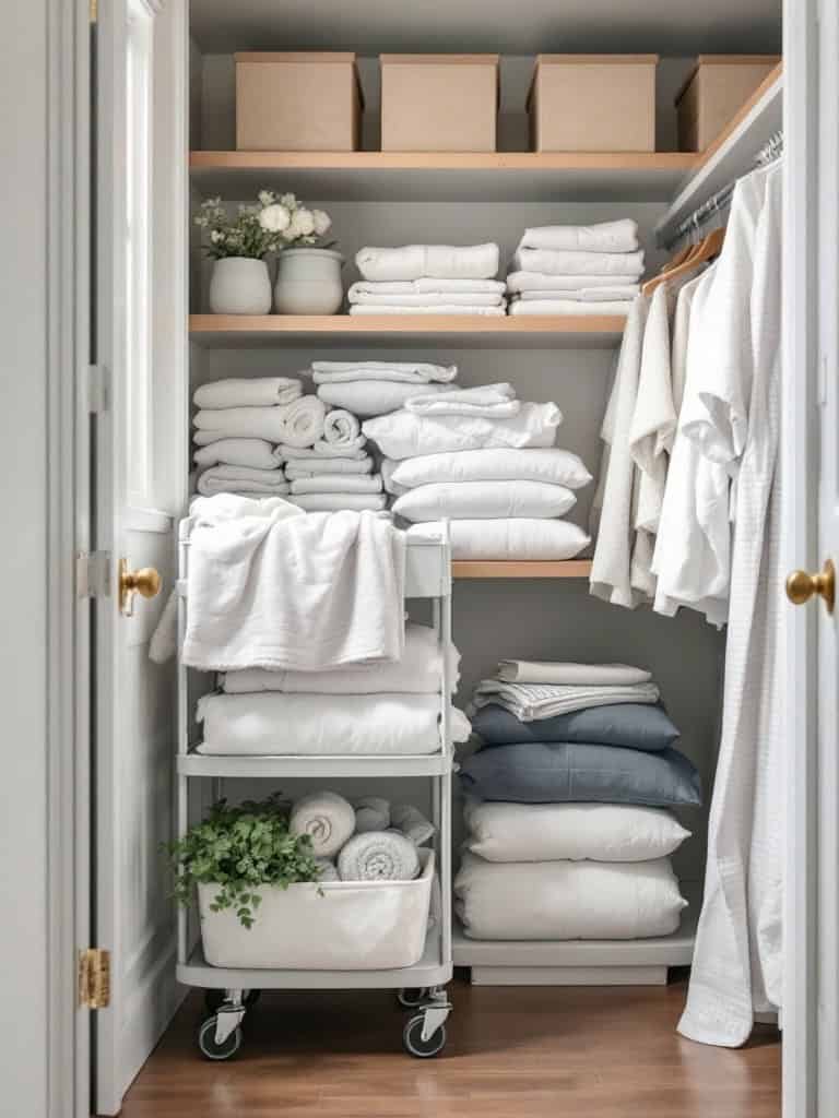 A neatly organized linen closet featuring a rolling cart filled with towels and storage bins.