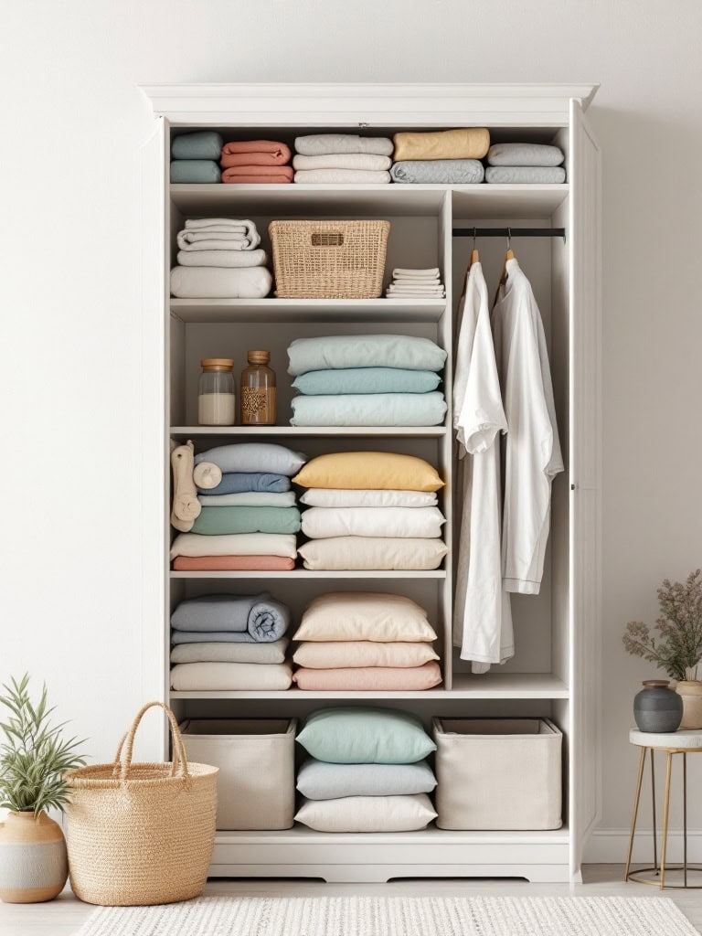 Organized linen closet with colorful towels and sheets.