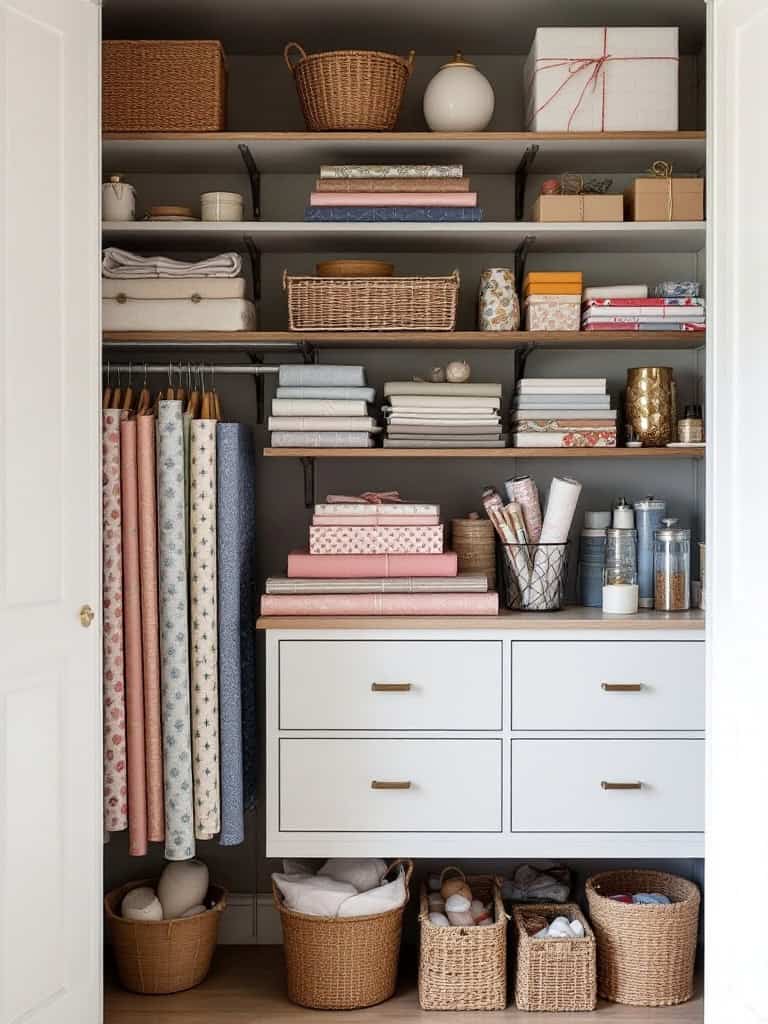 Organized linen closet with gift wrap and accessories