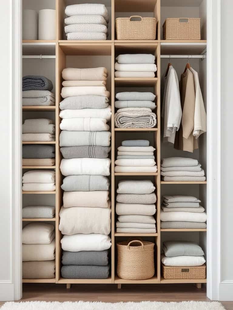 Organized linen closet with neatly folded towels and storage baskets.
