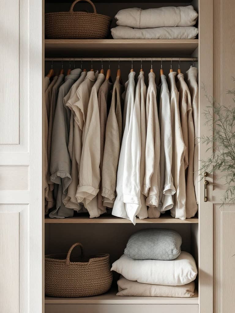 Organized linen closet with soft fabrics and woven baskets.