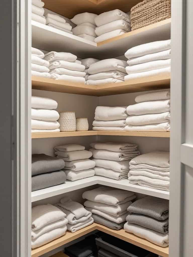 Organized linen closet with corner shelves holding neatly folded towels and storage baskets.