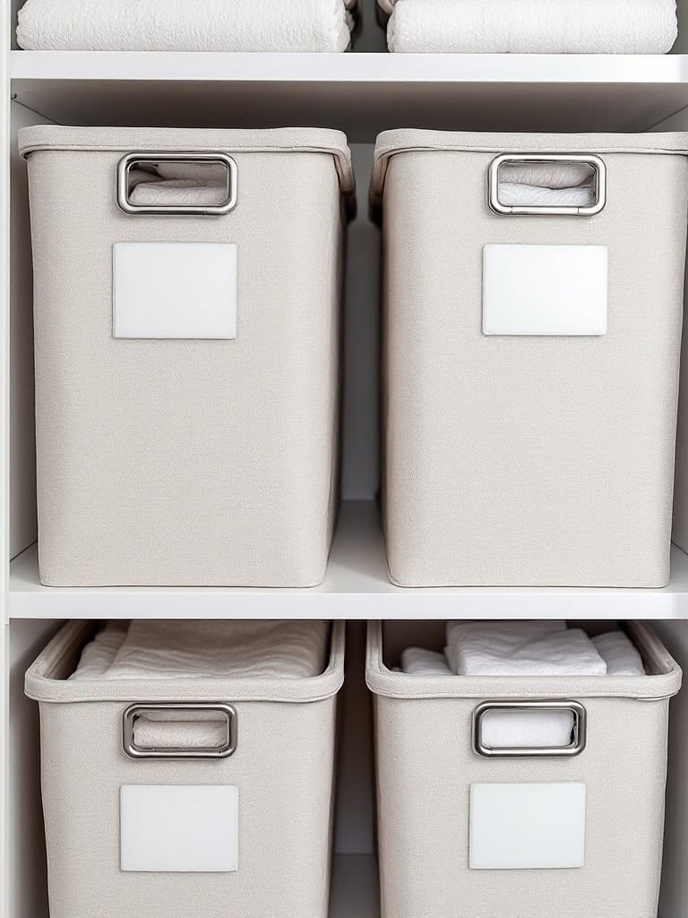 Organized linen closet with labeled storage baskets and neatly folded linens.