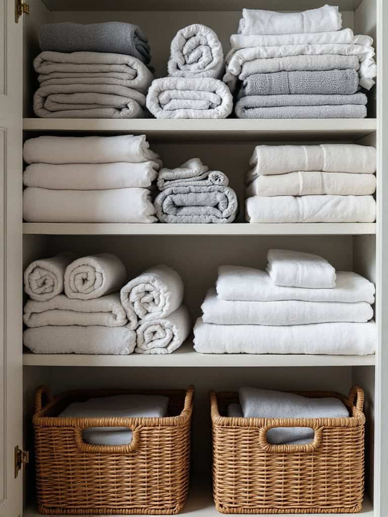 Organized linen closet with neatly folded towels and wicker baskets.