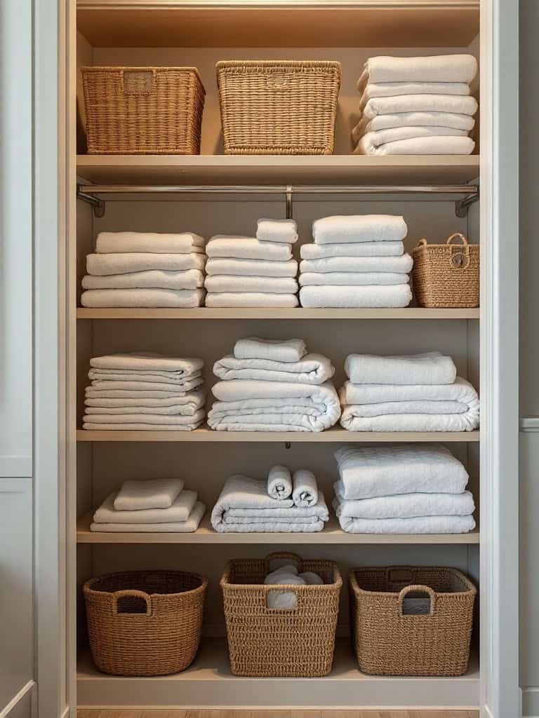 Organized linen closet with neatly folded towels and baskets.