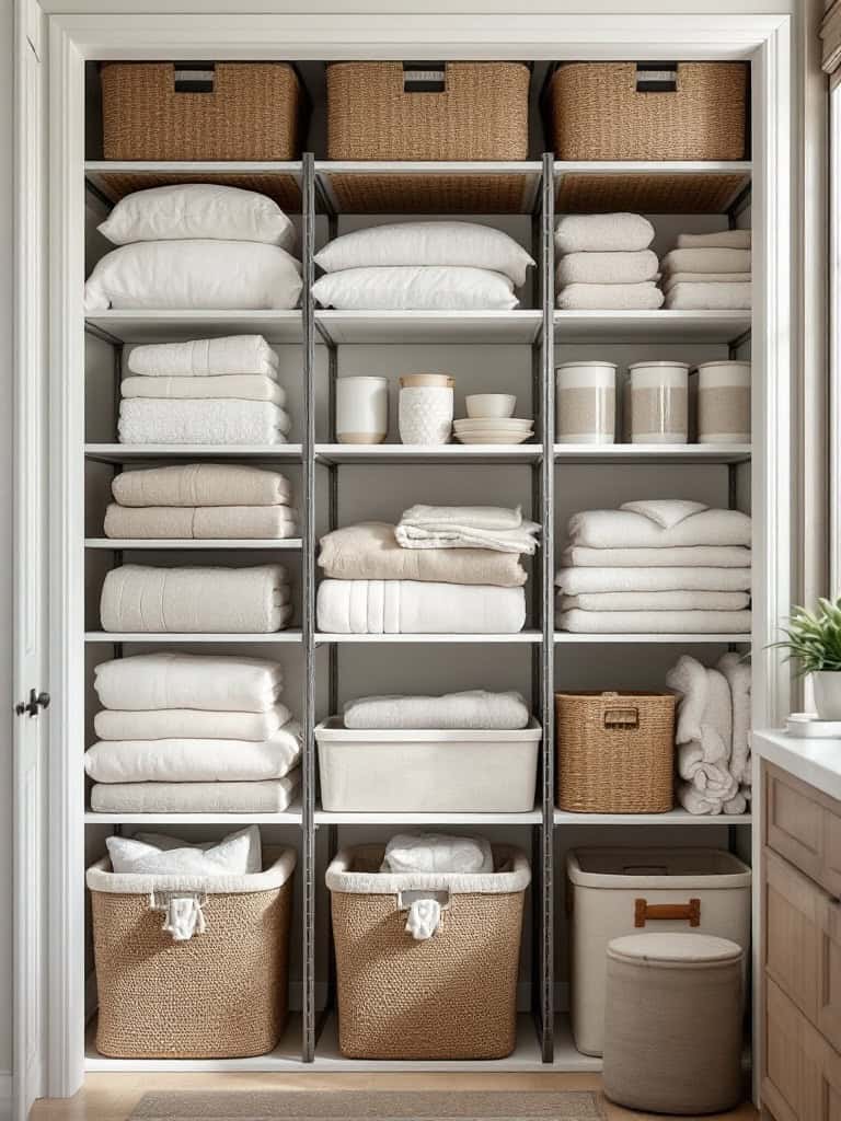 Organized linen closet with neatly stacked towels and baskets on shelves.