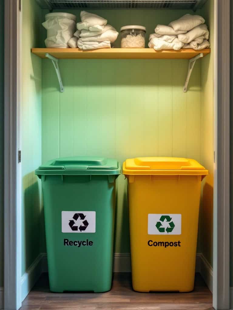Two bins labeled for recycling and compost in a laundry closet.