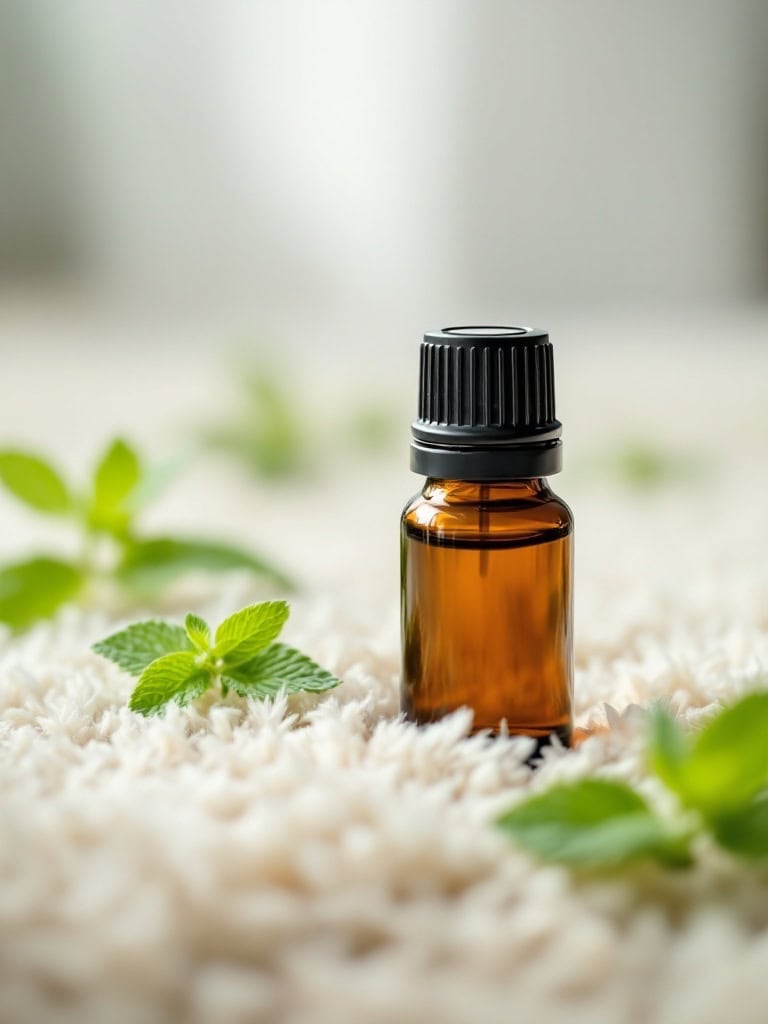 A bottle of peppermint oil on a soft carpet surrounded by mint leaves.