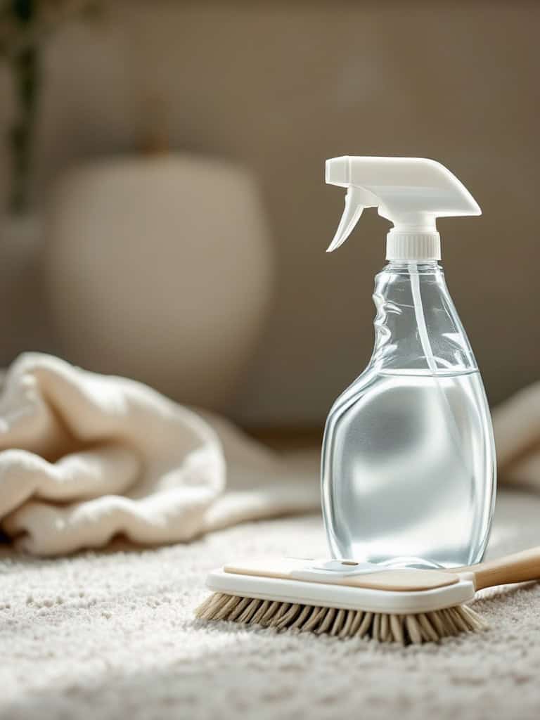 A spray bottle filled with a clear liquid and a cleaning brush on a soft carpet.