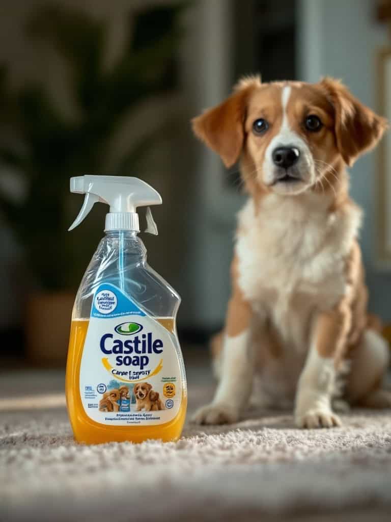 A bottle of Castile soap in front of a dog on a carpet