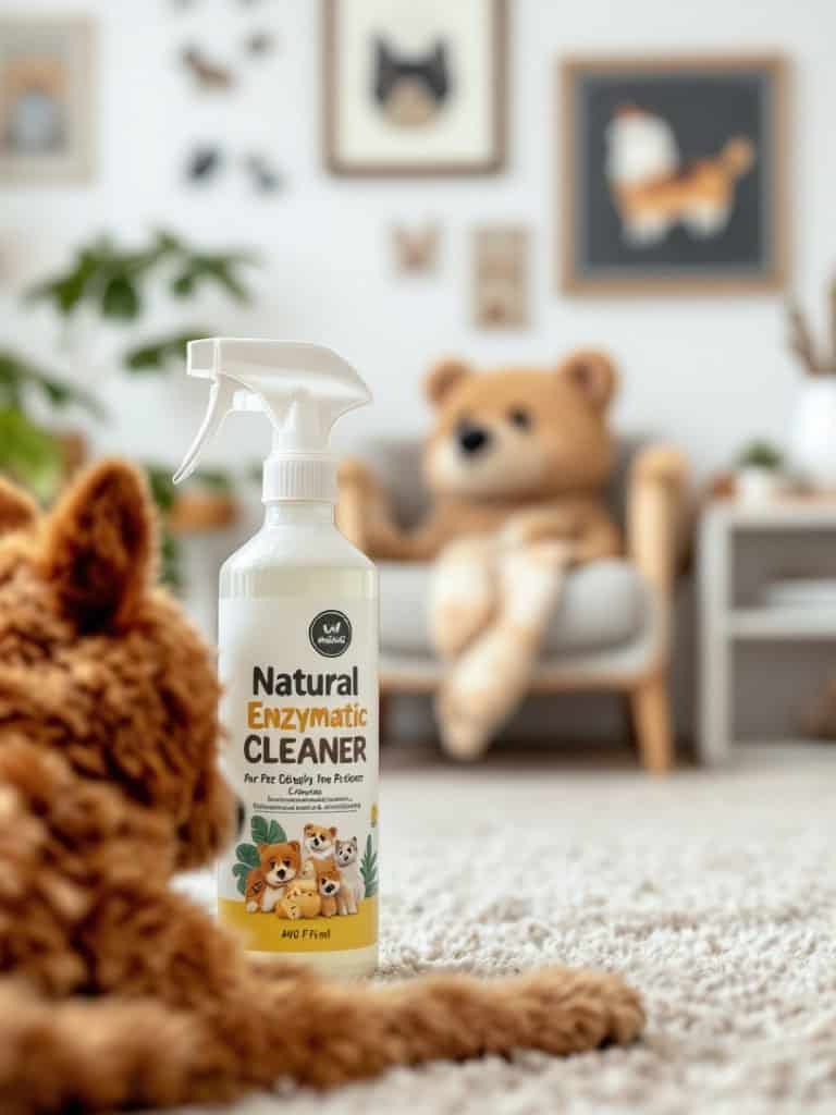 Natural enzymatic cleaner spray bottle in a cozy room with a dog