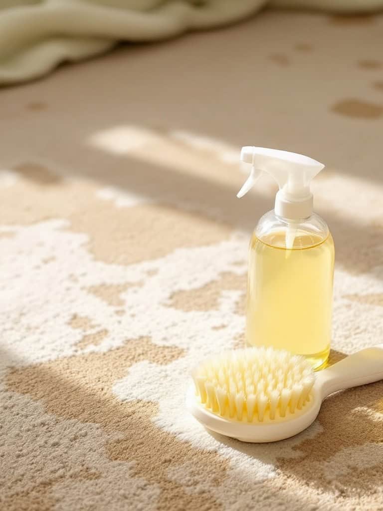 A bottle of baby shampoo and a cleaning brush on a carpet.