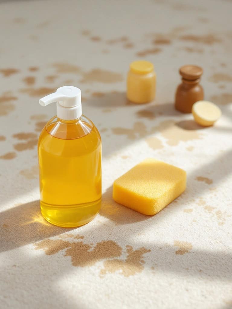 A bottle of vegetable soap and a sponge on a carpet with stains