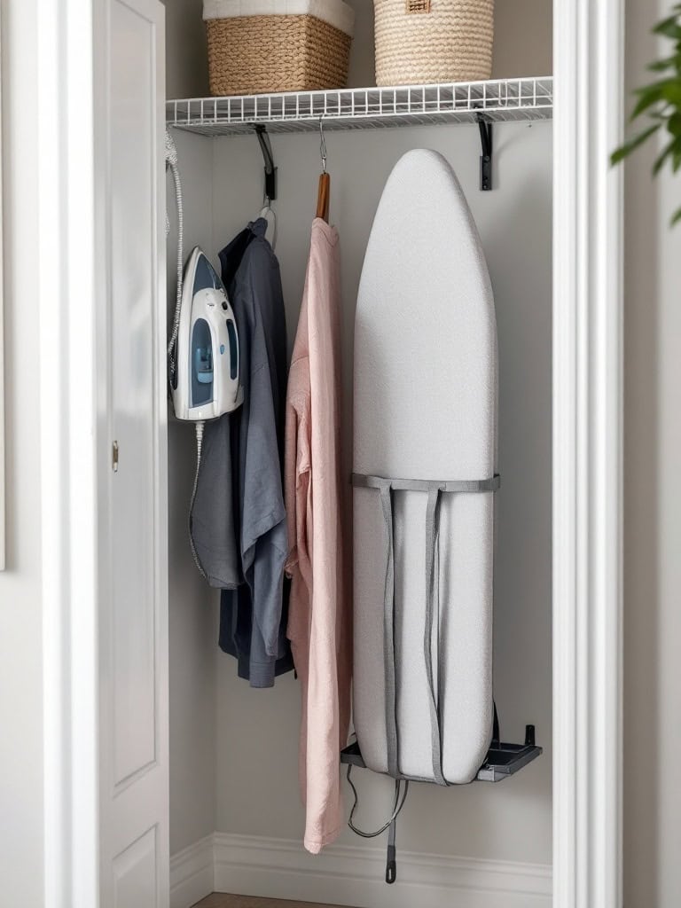 A laundry closet with an iron, ironing board, and neatly hung clothes.