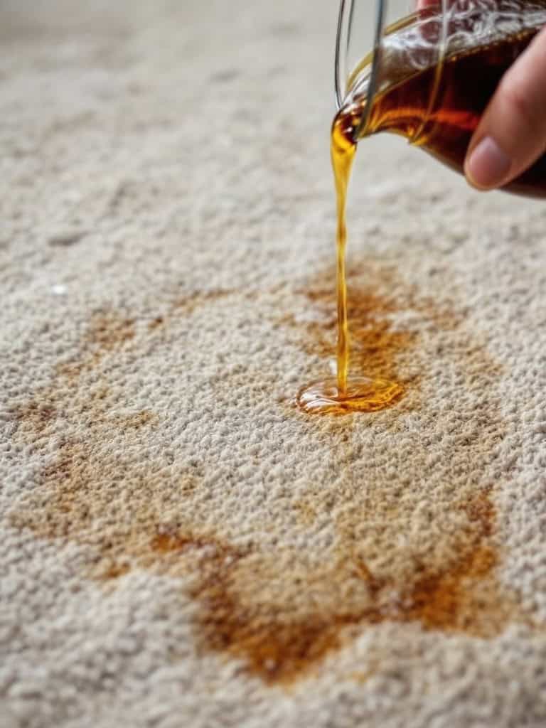 A glass of club soda being poured onto a carpet, demonstrating a DIY cleaning solution.