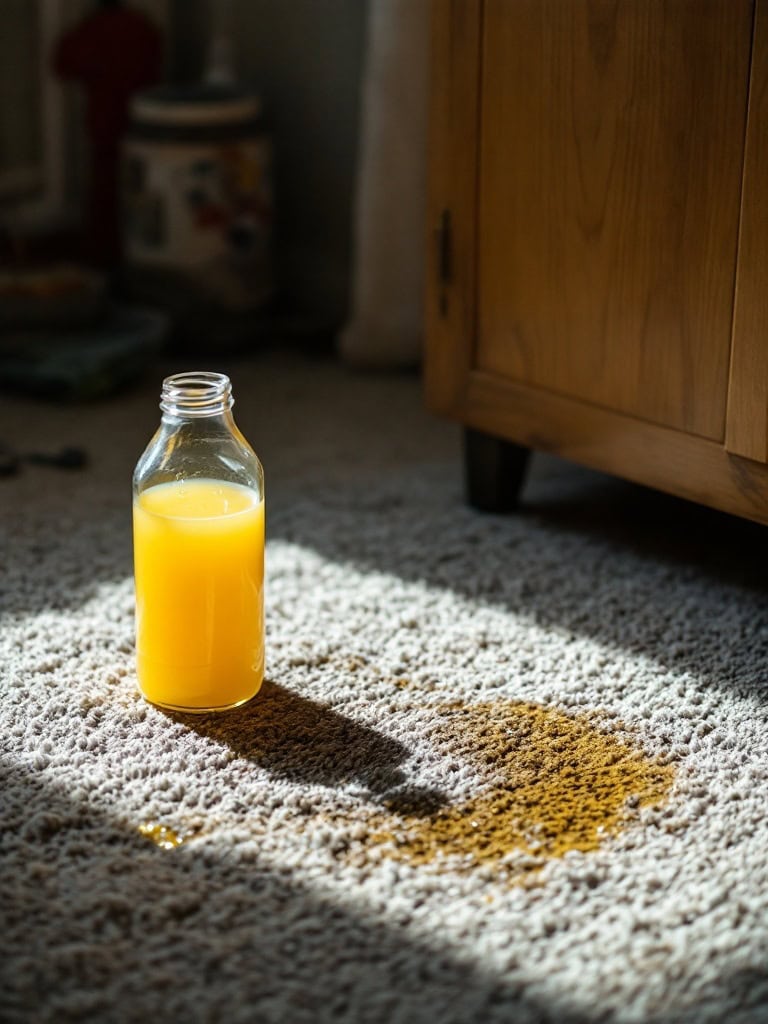 A bottle of lemon juice on a carpet with a stain