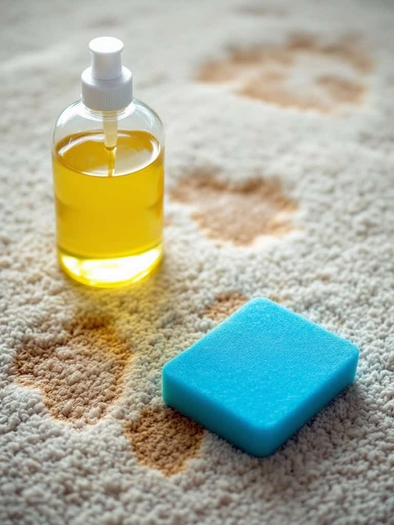 Bottle of dish soap and a sponge on carpet with urine stains.