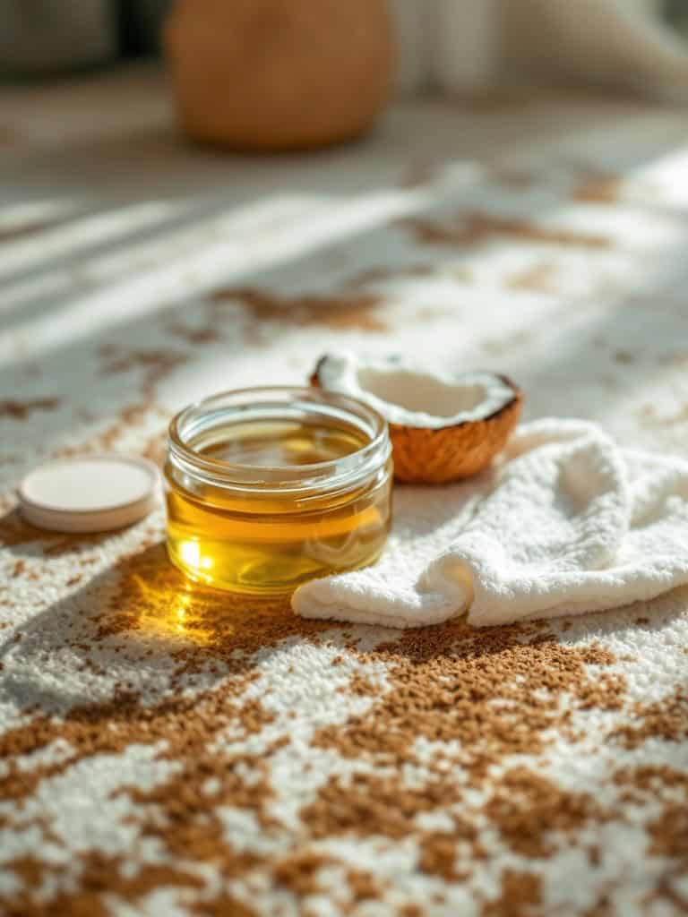 A jar of coconut oil on a carpet, with a cloth and coconut shell nearby.
