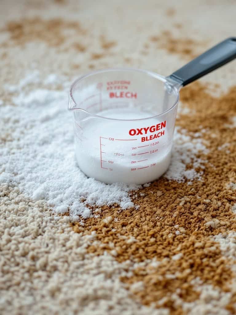 A measuring cup filled with oxygen bleach on a carpet with stains