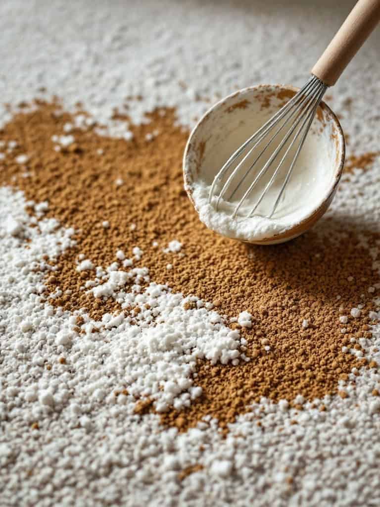 A bowl of cornstarch and a whisk on a surface with brown and white powder.