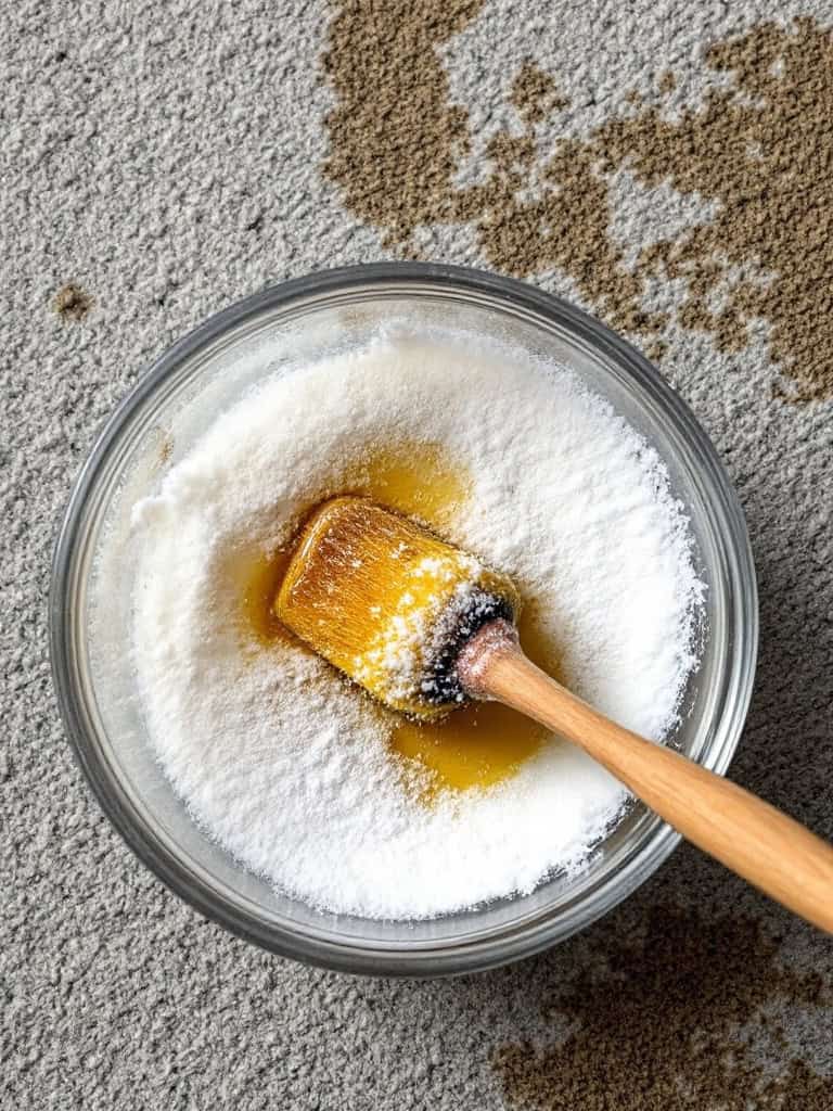 A bowl containing a mixture of baking soda and liquid, with a brush beside it, on a carpet.
