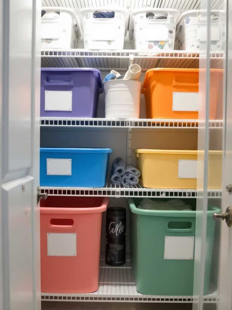 A neatly organized laundry closet with color-coded bins for efficient sorting.