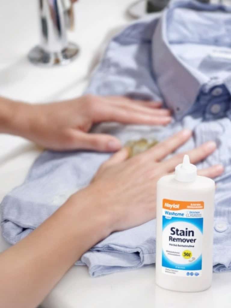 A person holding a stain remover spray bottle in front of a blue shirt hanging on a rack.
