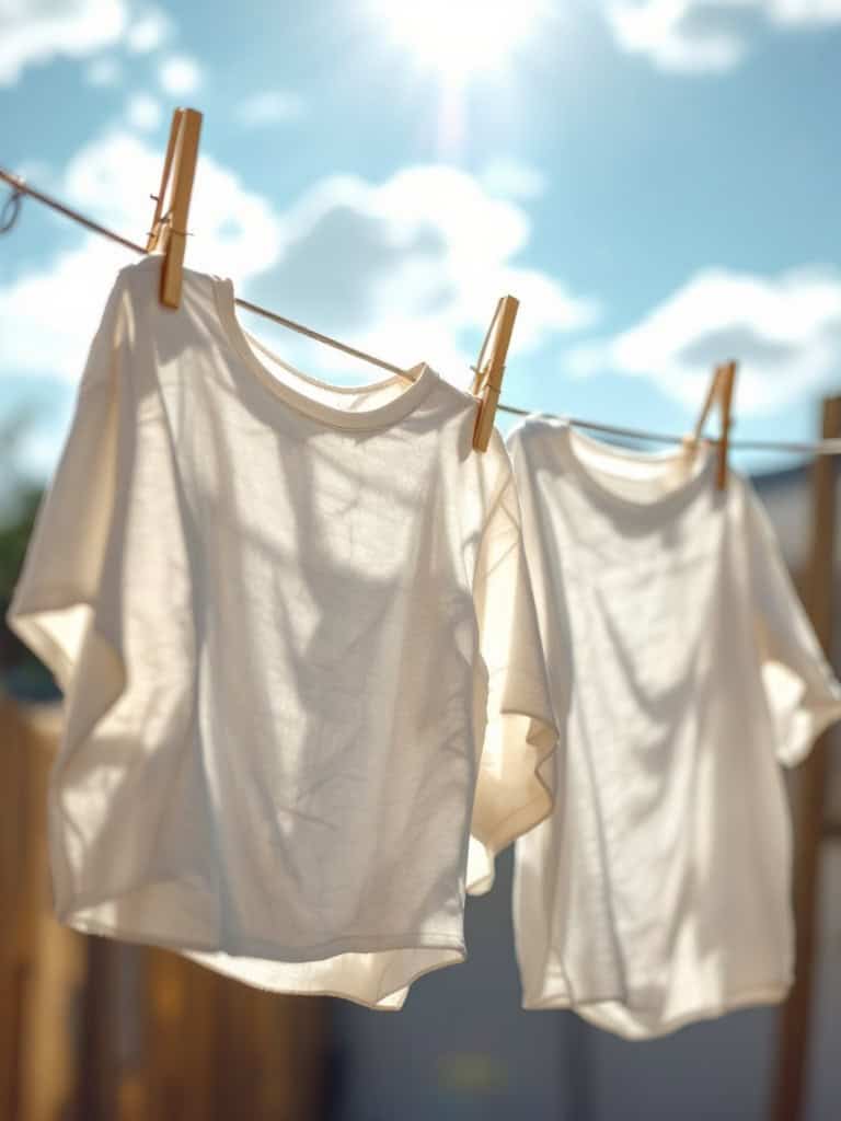 Two white t-shirts hanging on a clothesline under bright sunlight.