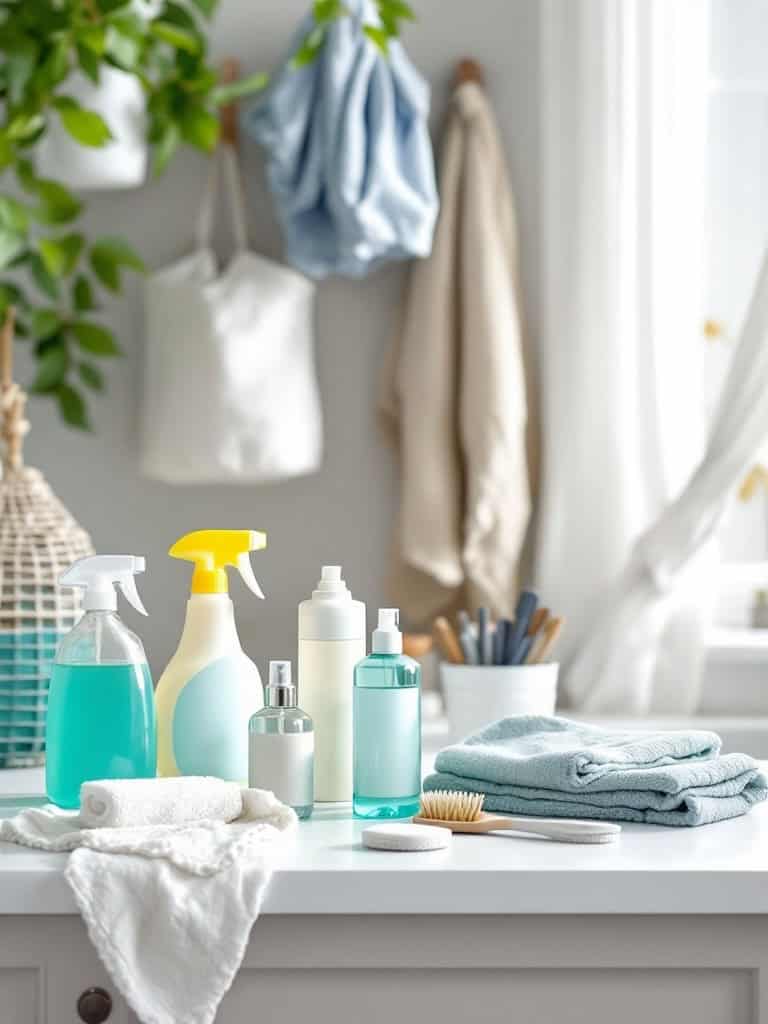 A collection of laundry stain removal cleaning products and tools arranged on a table.