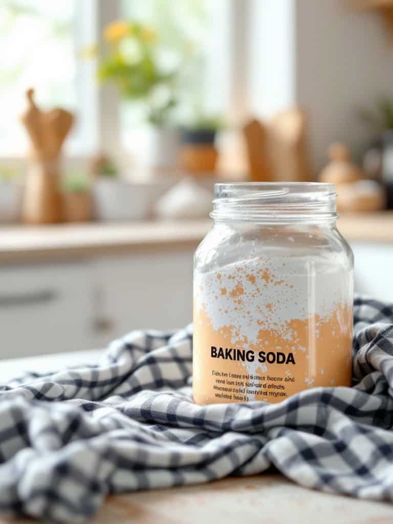 A jar of baking soda on a kitchen countertop with a checkered cloth