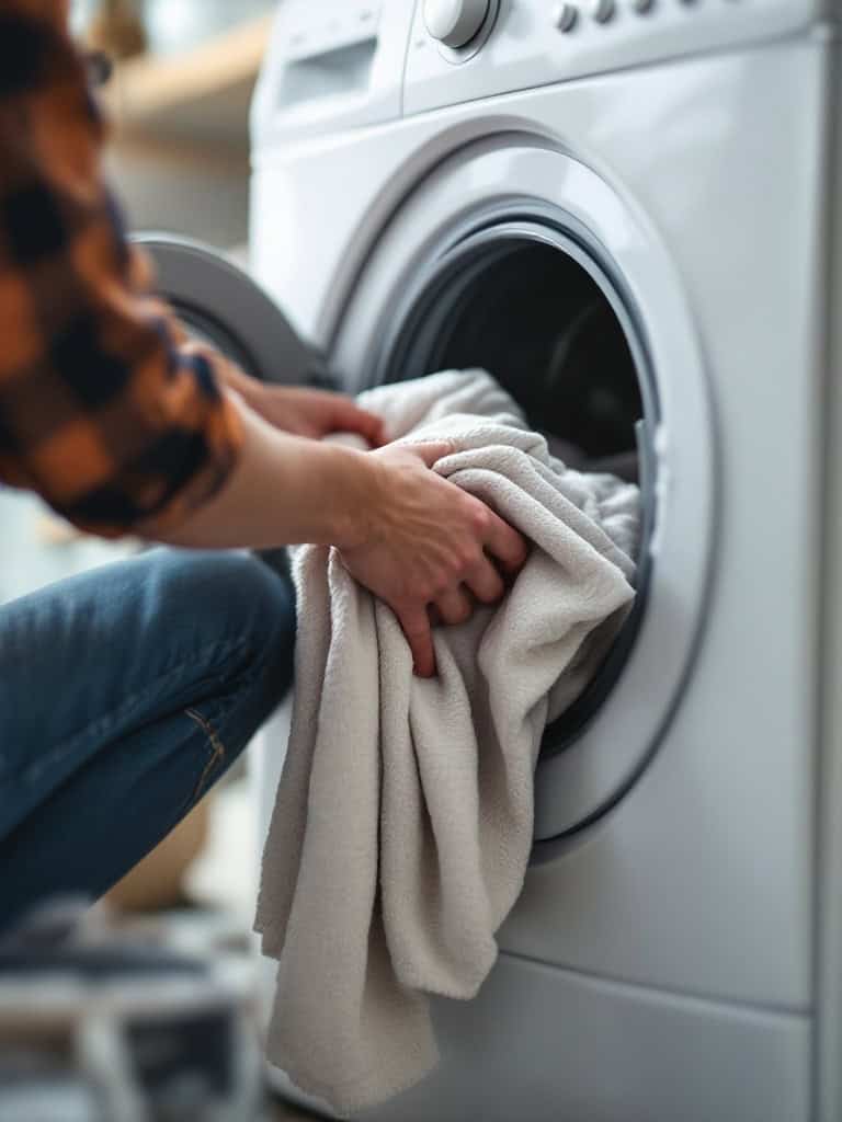 A person loading a washing machine with a light-colored towel.