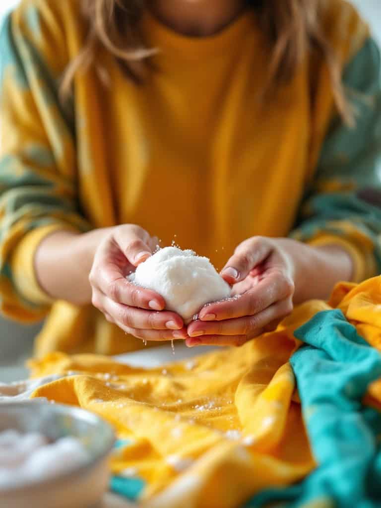 A person holding a cotton ball with laundry detergent, surrounded by colorful fabrics.