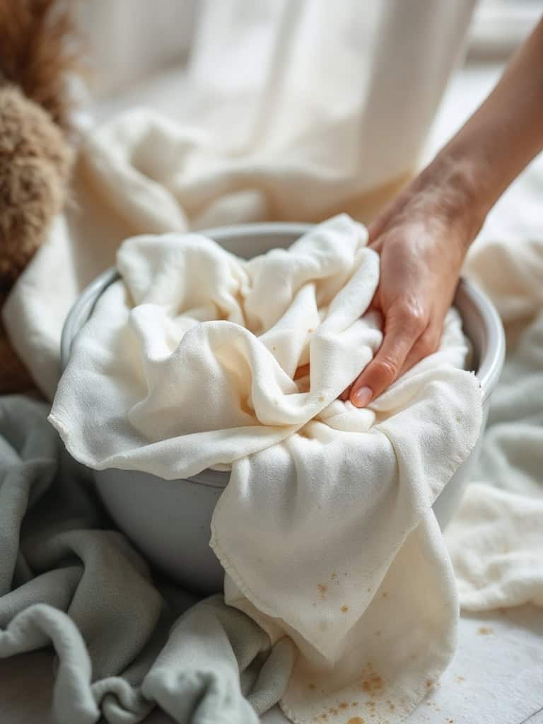 A hand holding a stained fabric over a bowl, surrounded by soft, delicate materials.
