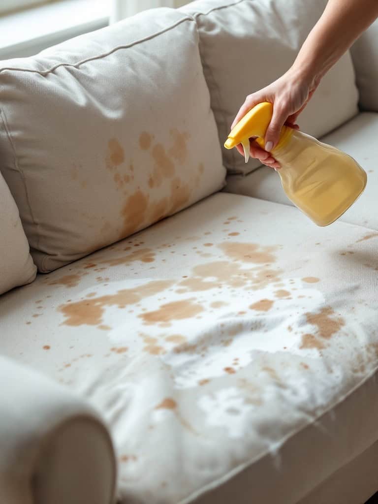 A person spraying a cleaning solution on a stained upholstery couch.
