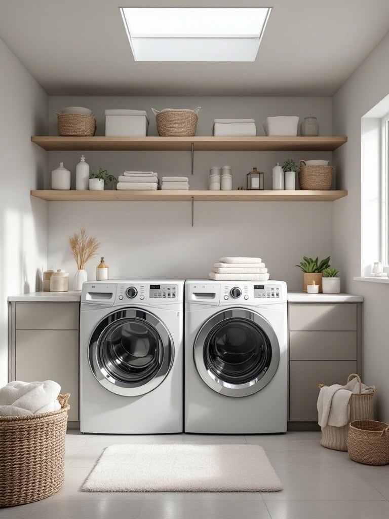 A clean and organized laundry room with washing machines and neatly arranged baskets.