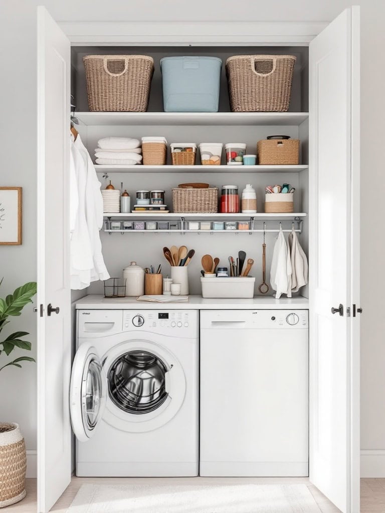 A neatly organized laundry closet with shelves, baskets, and appliances.