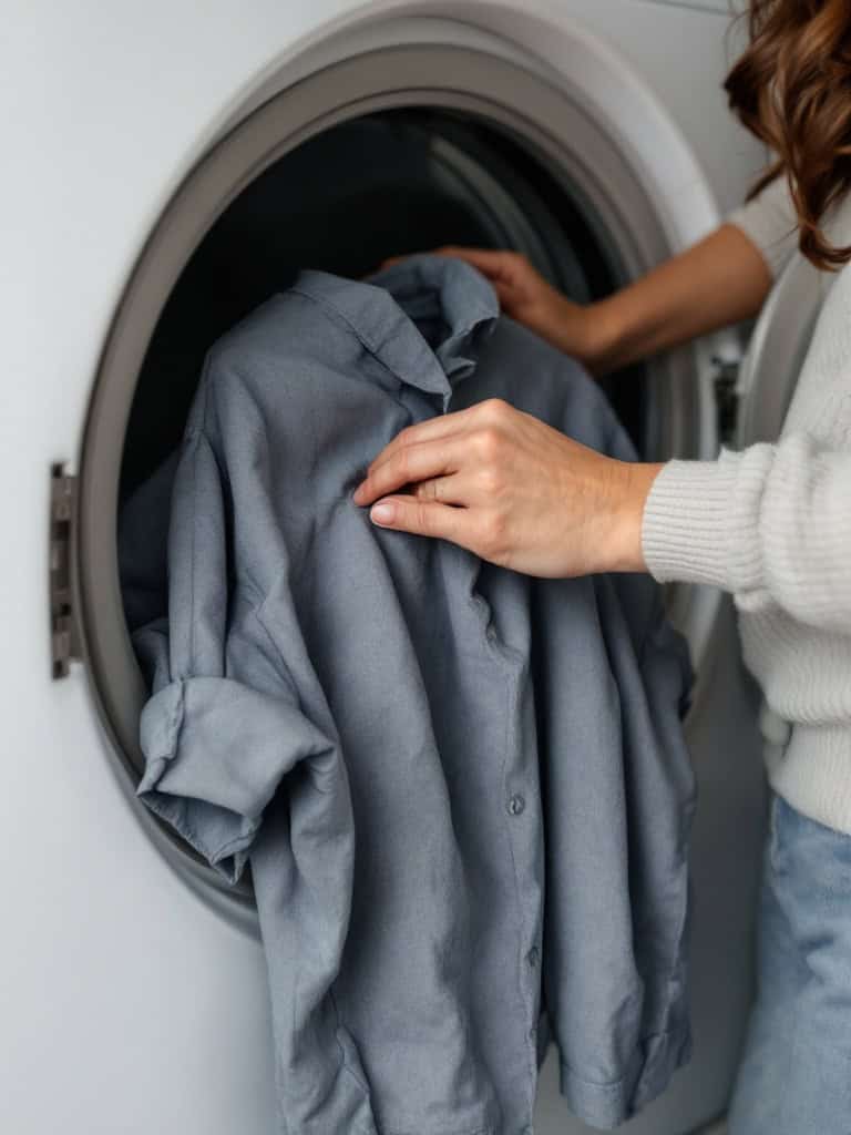 A person checking a gray shirt as they prepare to use the washing machine.